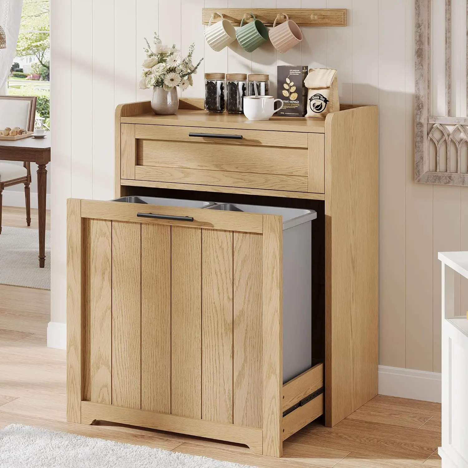 Pull Out Trash Can Cabinet, Double Hidden Garbage Recycling Bin Holder, Kitchen Laundry Storage Organizer With Drawer, Farmhouse Freestanding Pet Proof Design, Oak Finish, 1 Piece