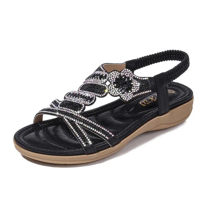 2023Lady Shoes Fashion Rhinestones Large Size Sandals Retro Flower Flat Beach Sandalias De Mujer Female Comfortable Footwear