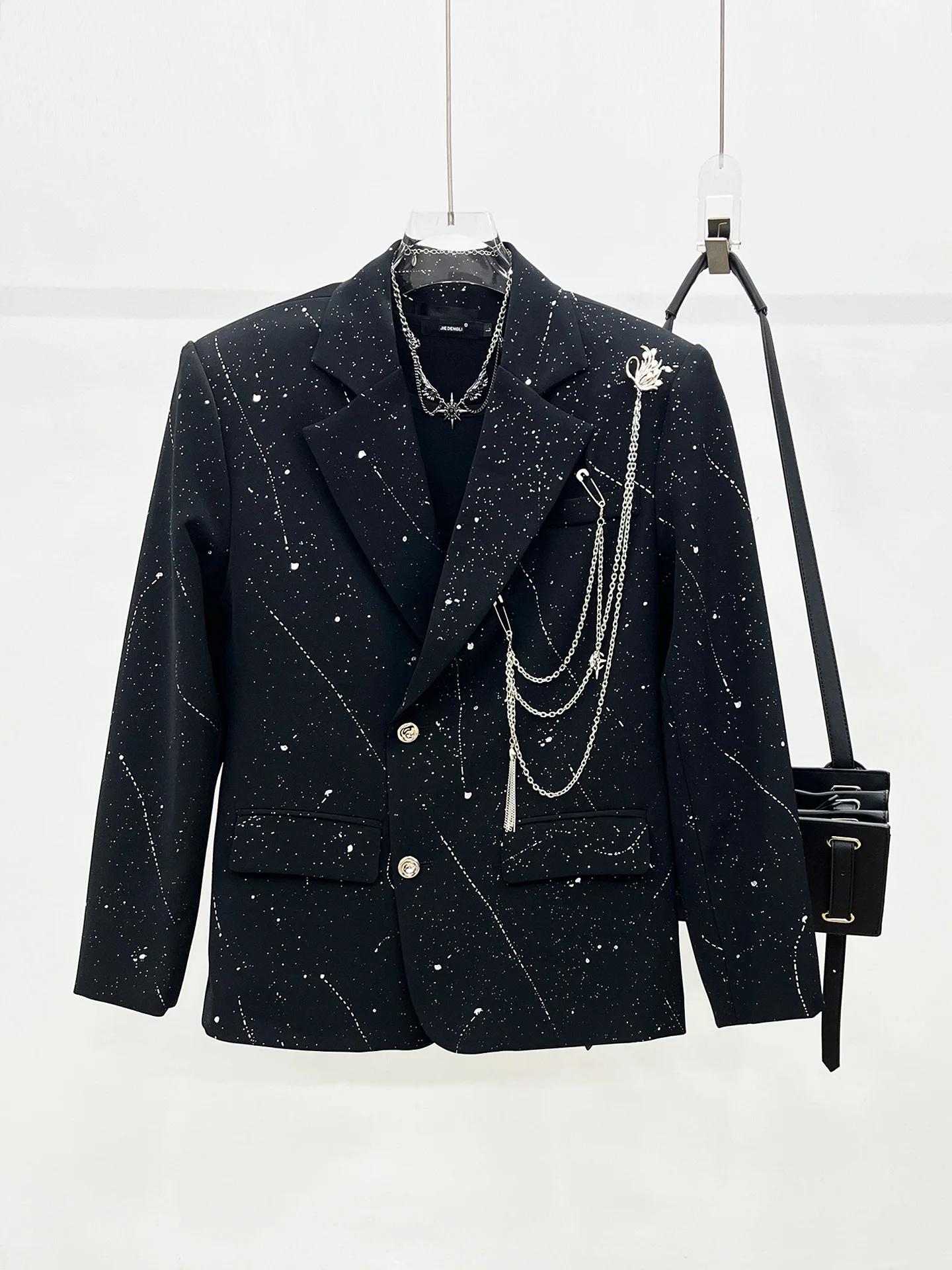 

Fall New Design Metal Chain Starmetal Men's Pad oulder Western Sle Casual Suit Jaet Long Sve Faionable