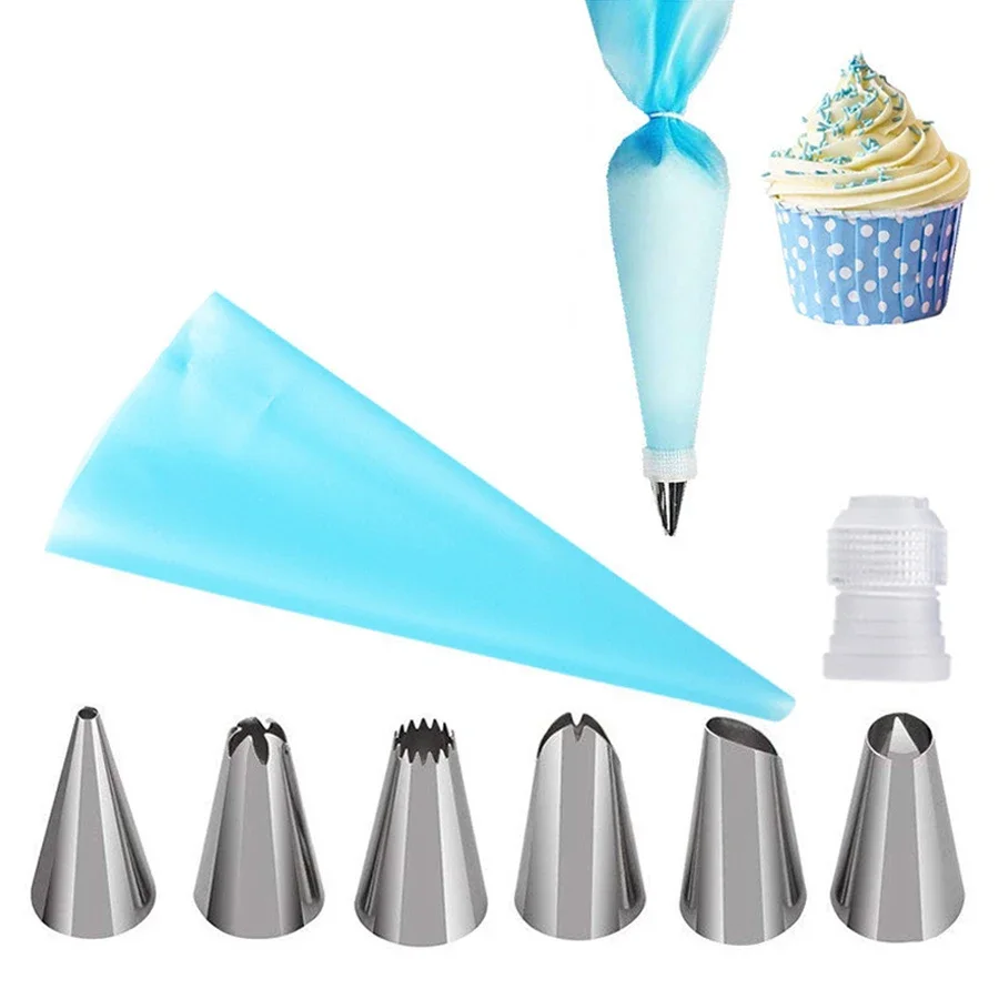 8 unids/set de accesorios de cocina de silicona, bolsa de masa para crema de glaseado + juego de 6 boquillas de acero inoxidable, juego de puntas de decoración de pasteles DIY