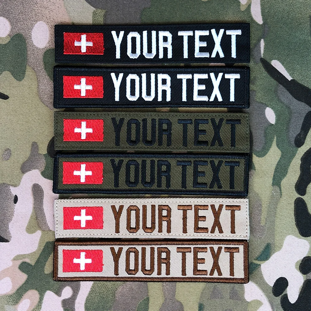 Embroidery Patch Hook and Loop Multicam, Switzerland Flag, Custom Name Tape, Green, ACU, Black, Tan, EMR, AOR