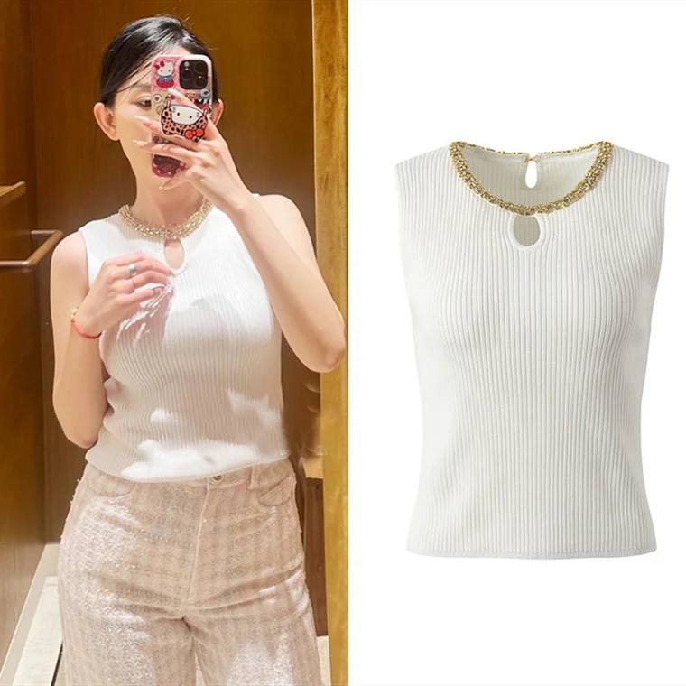 

High-End European Sle White Vest Top Women's Ele Waterdrop Collar Diamond Embellied Svel Knitted Sweater