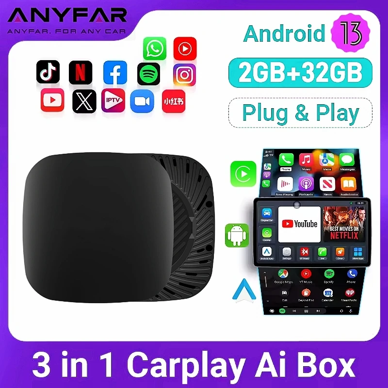 3in1 Android 13.0 CarPlay Ai Box Wired to Wireless Auto USB WIFI Adapter For Youtube Netflix Plug And Play