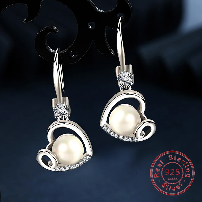New Fashion Female Earrings 925 Sterling Silver Heart Shaped Pearl Earrings for Women Infinity Accessories Ear Jewelry Gift