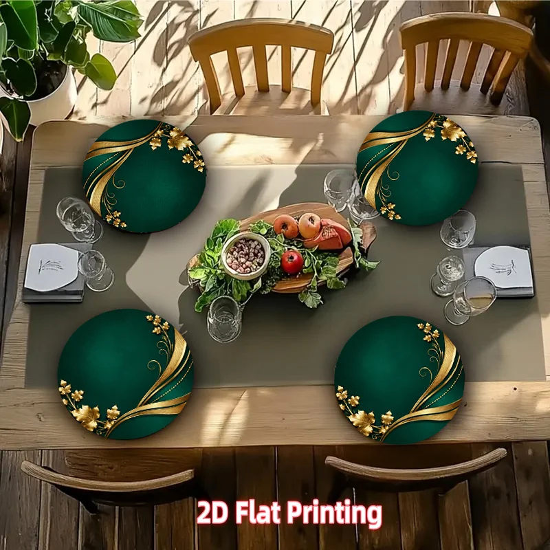 VIKAMA Dark Green Gold Swirl Round Placemat, Non Slip Washable Heat Resistant Table Mat, Luxury Christmas Holiday Kitchen Decor
