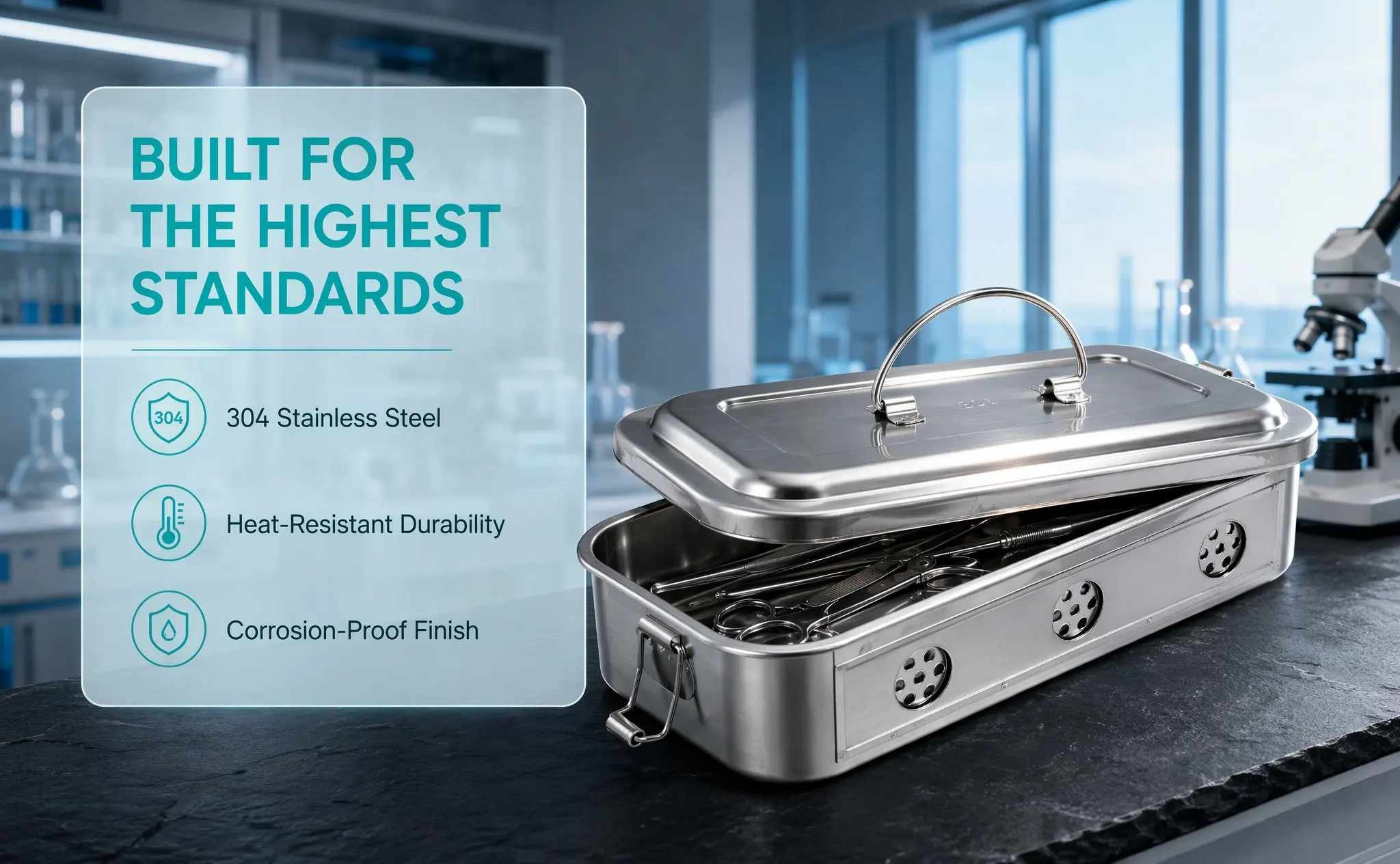 Stainless Steel Tool Box 8 Inch Perforated Lid High Temperature Resistant Doctor Tool Tray Instrument Storage