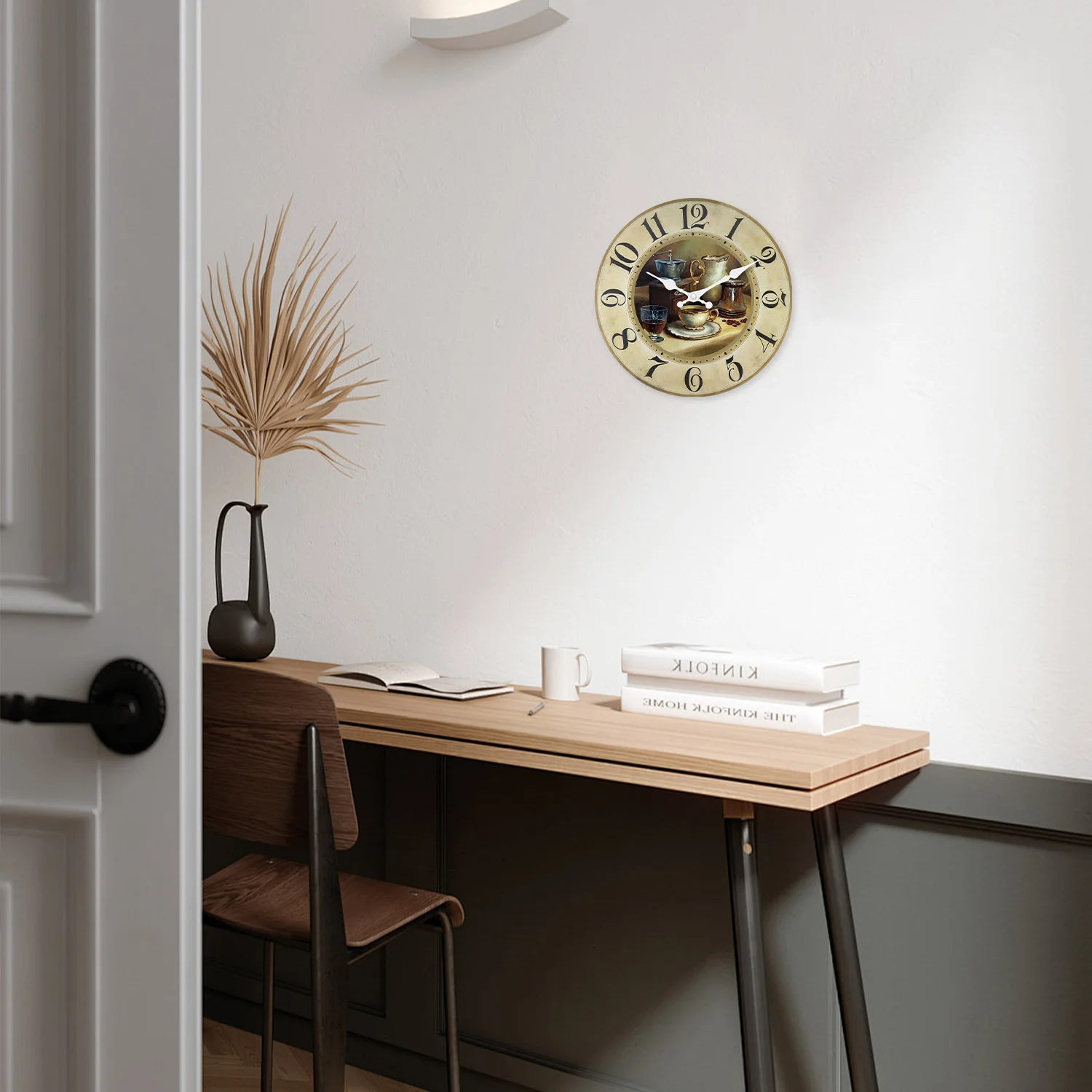 Vintage Coffee Cup Pattern Wooden Wall Clock Living Room Bedroom Kitchen Home Decor Silent Quartz Clock Holiday Gift 10-Inch 12-Inch 14inch 16inch (No Battery)
