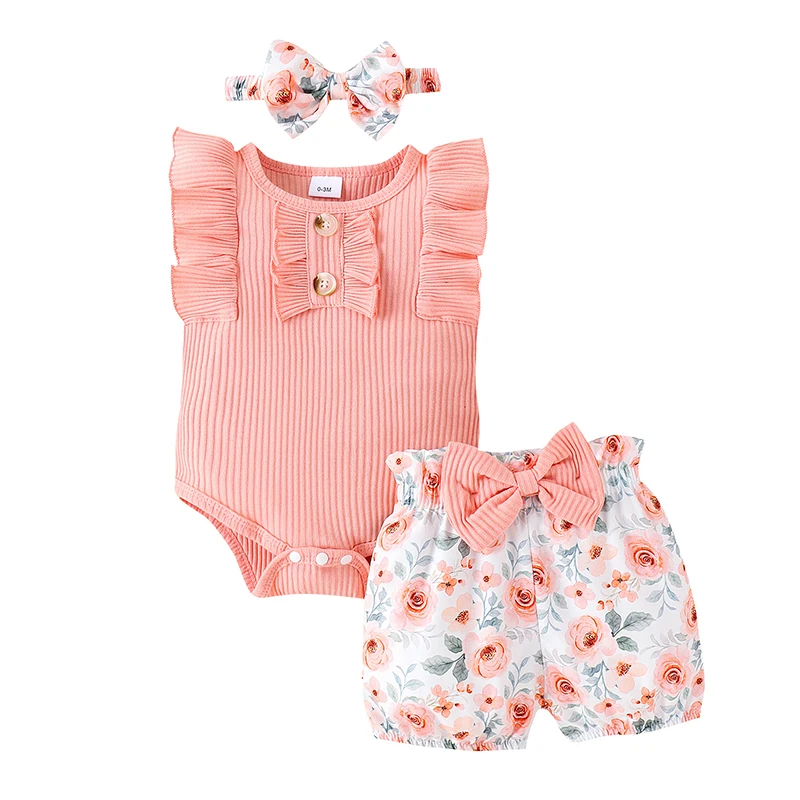 

Newborn Baby Girl Summer Clothes Flying Sleeve Ribbed Romper Flower Printed Shorts Headband 3 Piece Outfits Sets