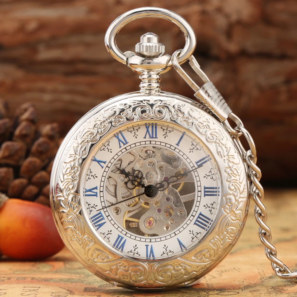 Fashion Blue Roman Numbers Dial Pocket Watches Hand-winding Silver Mechanical Pocket Watch Round Transparent Cover Pendant Gift