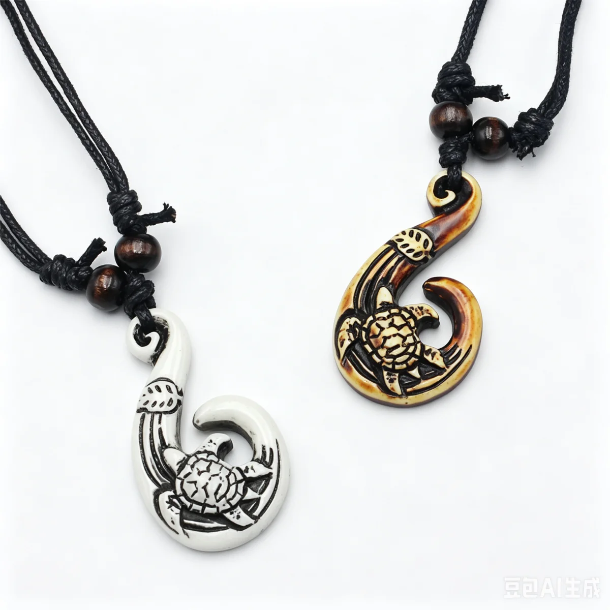 RUEMOY Maori Fish Hook Necklace, Resin Imitation Bone With Sea Turtle Carving, Adjustable Bead Cord, Polynesian Tribal Jewelry
