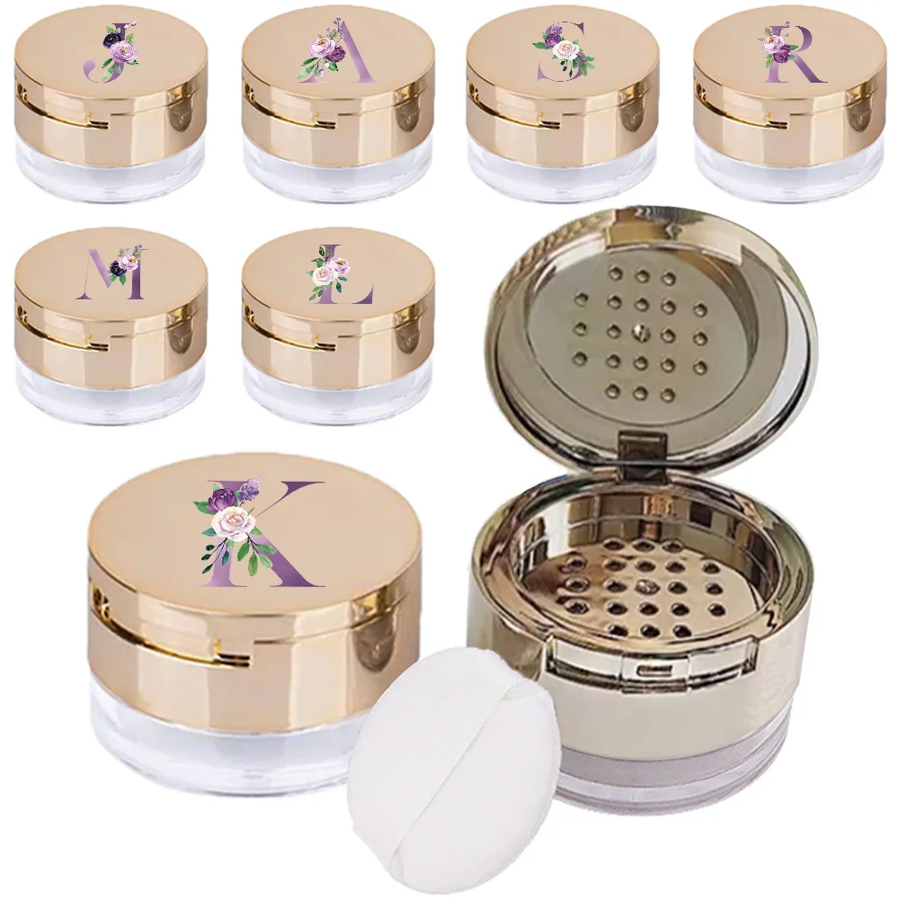 

1pc Powder Case Lightweight Powder Purple Flower Puff Box Portable Makeup Case For Puff Storage Initial Name 26 Letters Pattern