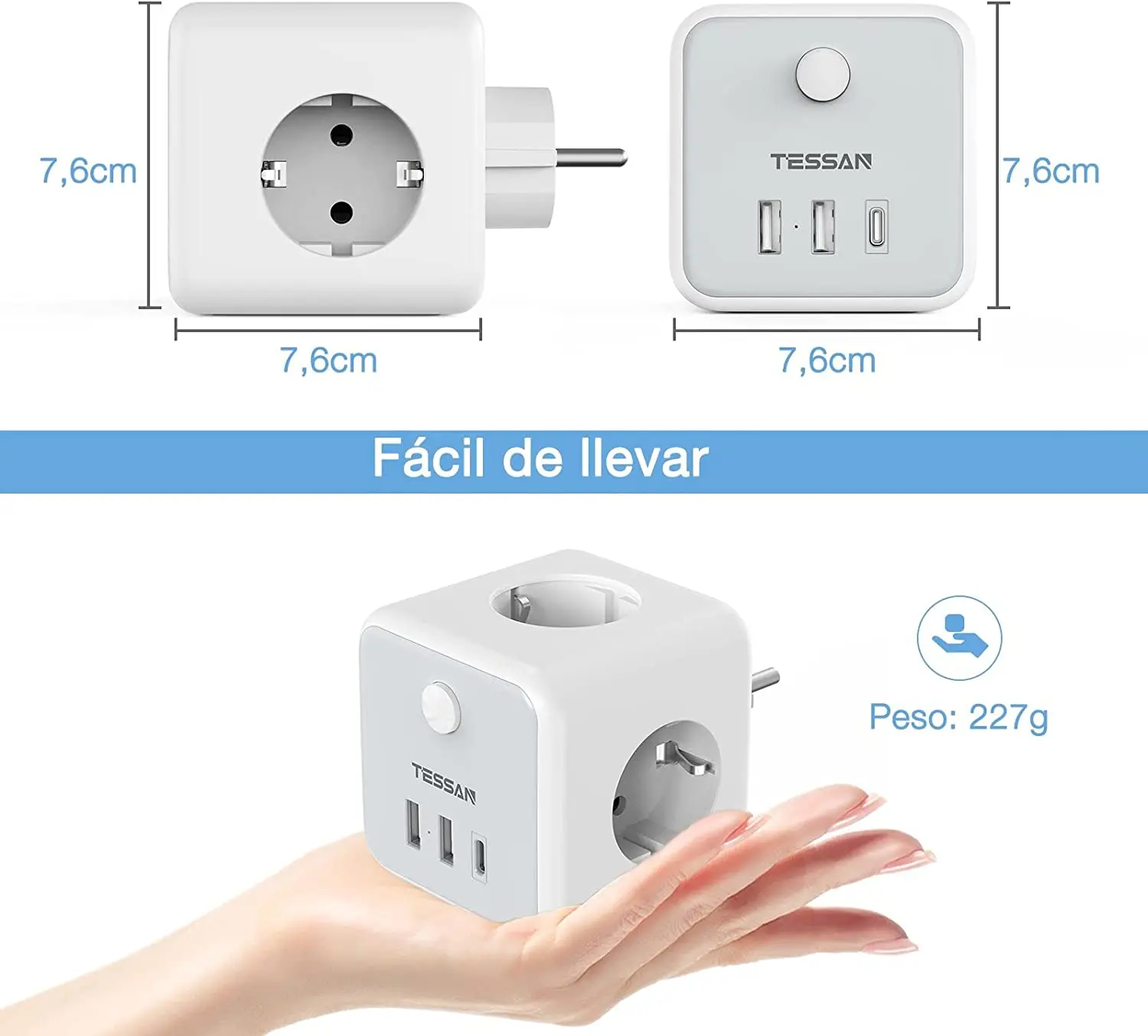 TESSAN European Multiple Wall Socket Travel Adapter with Switch AC Outlets USB Type C Port EU KR Plug Multi-tap Power Strip Cube