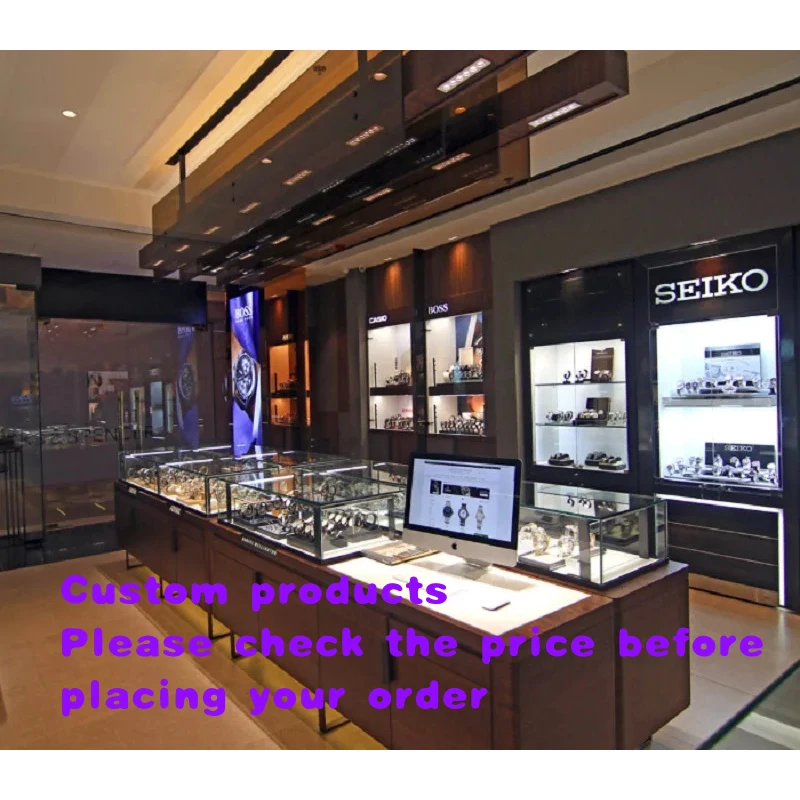 Mostrador de Exhibición de Relojes de Lujo en Madera Sólida Personalizado, Vitrina de Vidrio Templado con Iluminación LED, Kiosco de Joyería para Compras