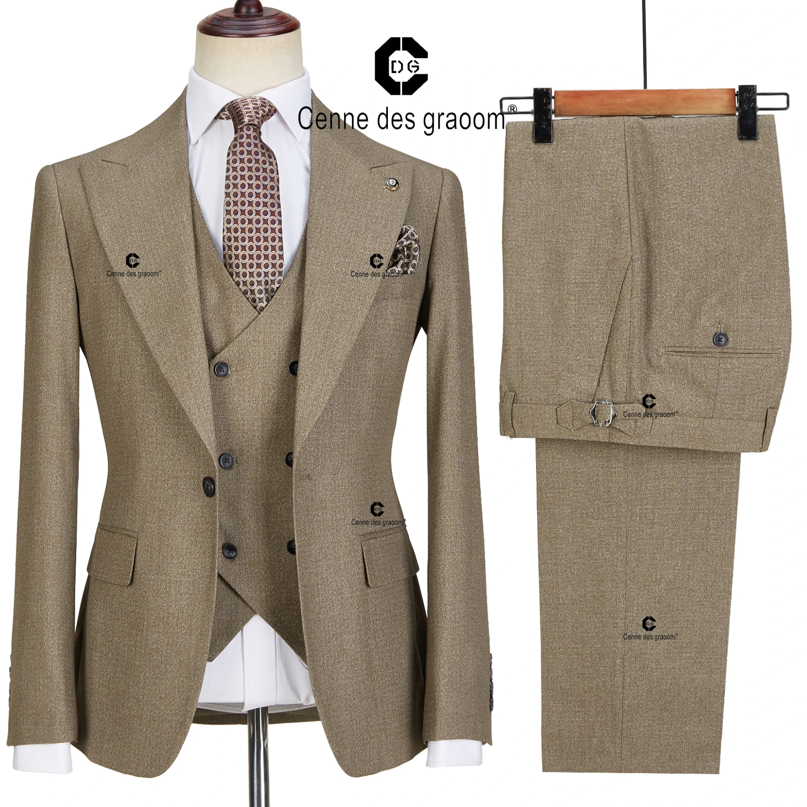 Cenne Des Graoom 2022 New Costume Homme 3 Piece Suit Set For Men Slim Fit Peak Lapel 1 Button Blazers Vest Pants Formal Wedding