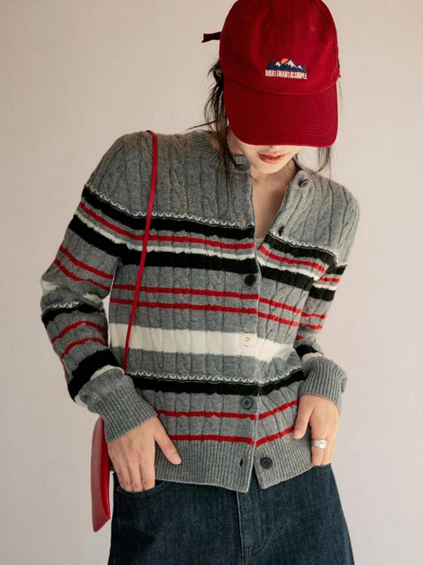 New 100%Merino Wool Cardigan for Women O-Collar Knitted Stripe Collision Color Sweater Autumn Winter Casual Comfortable Warm Top
