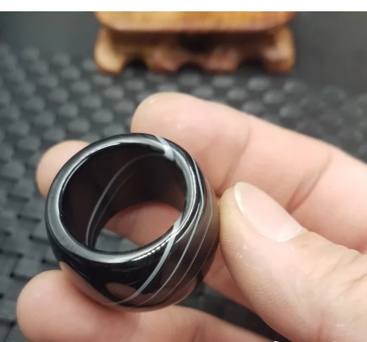 Natural Black Whit Agate For Men Women With Texture Handmade Brand Jadeite Jade Rings Jewelry Stone 1 pair