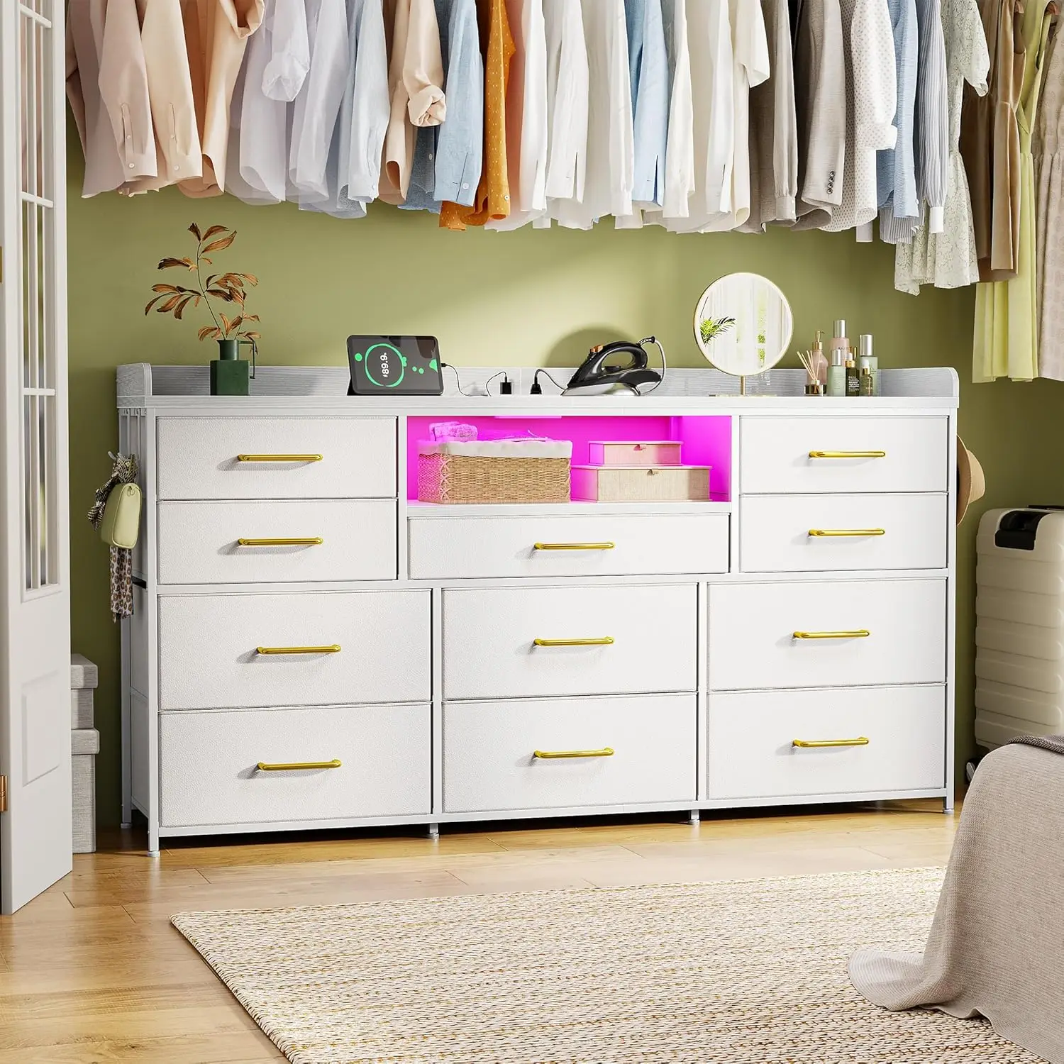 Bedroom/Entryway TV Stand Dresser, Fabric, White, with LED Lights, Charging Station, 4 Hooks, 11 Drawers, Fits 50-60 inch TVs