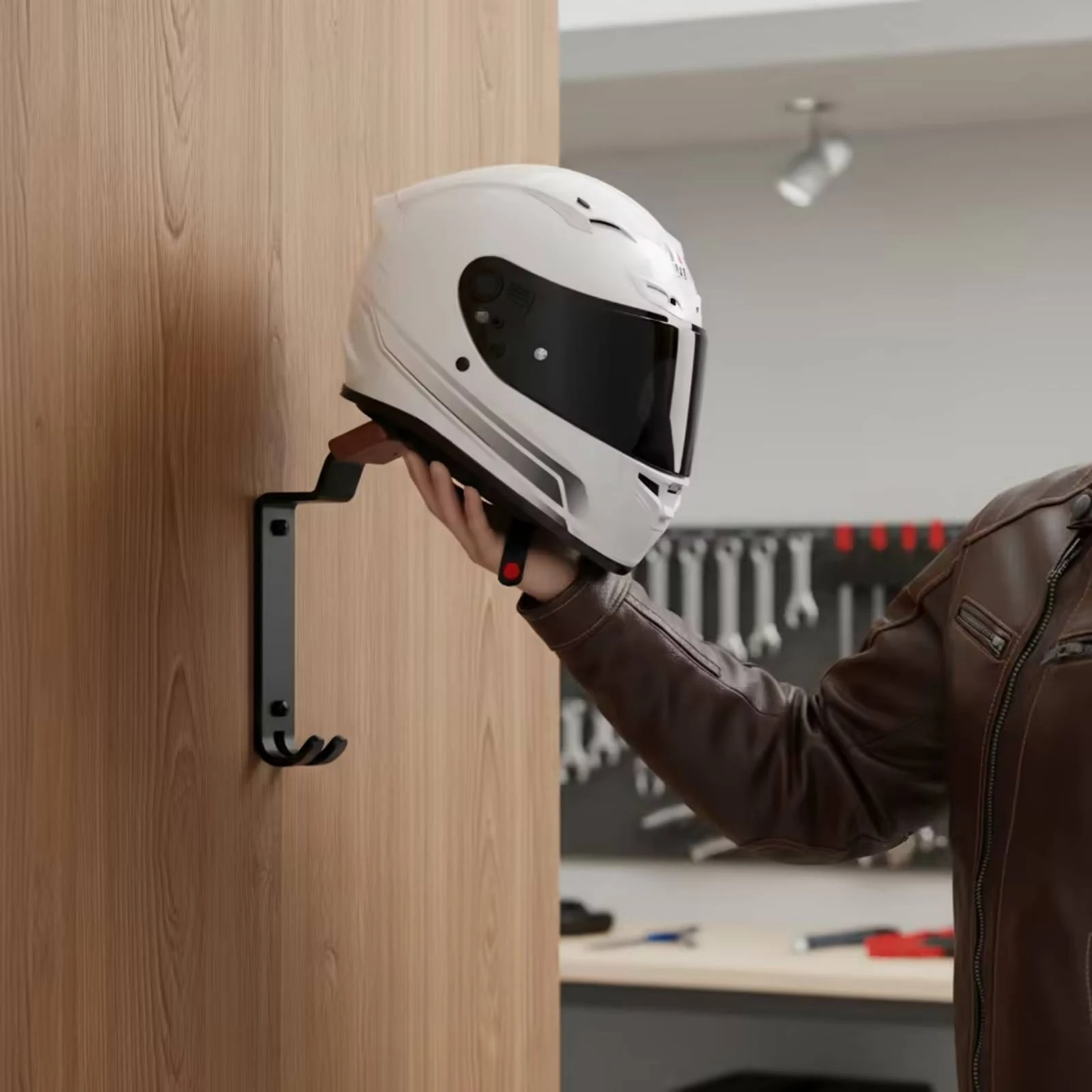 Wall-Mounted Helmet Rack with Wood Top Space-Saving Wall Mounted Helmet Rack Multipurpose Easy to Install for Two-Wheel Riders