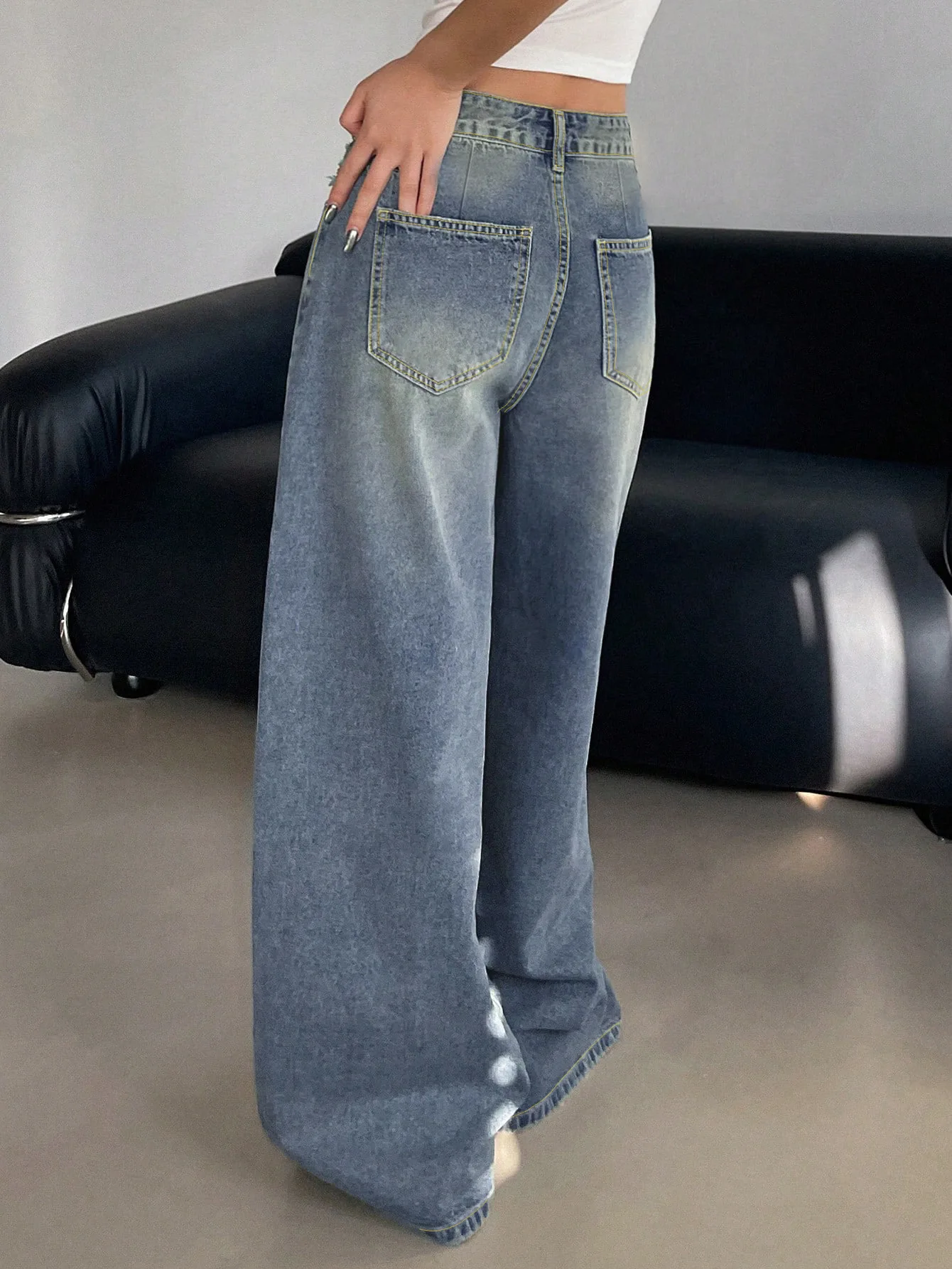 Pantalon de nettoyage à jambes larges pour femmes, denim européen et américain, jean amincissant, taille haute, trou, tout match, nouveau, 2024