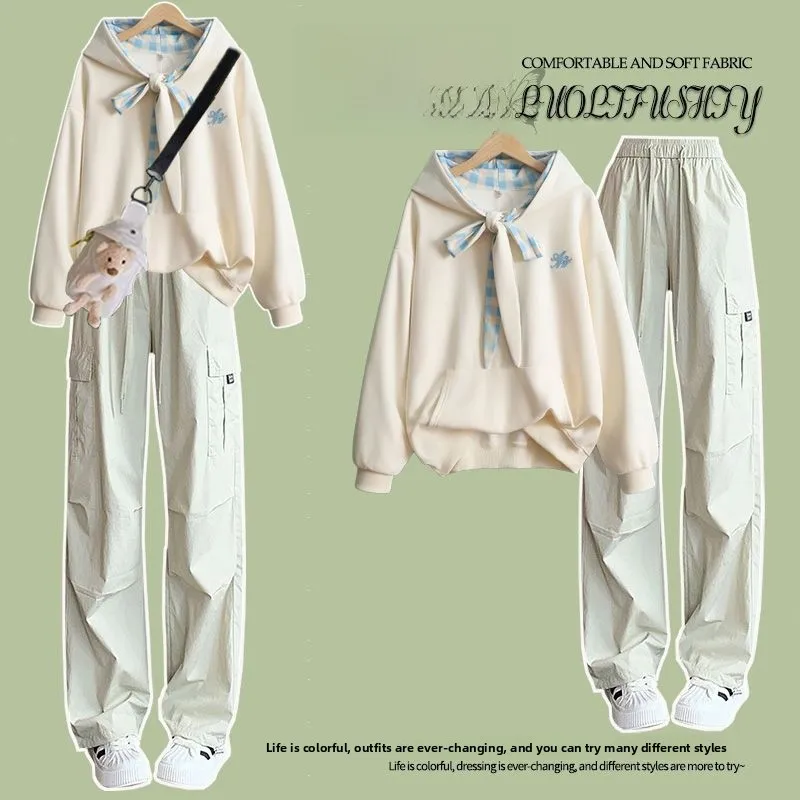 

Милый комплект из толстовки с капюшоном в студенческом стиле и повседневных рабочих брюк для девочек, весенне-осенний, дышащий, износостойкий, теплый.