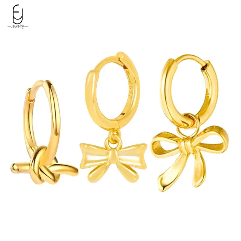 

925 Sterling Silver Needle Cute BowKnot Pendant Earrings Women's Simple Kink Hoop Earrings Wedding Trendy Jewelry Accessories