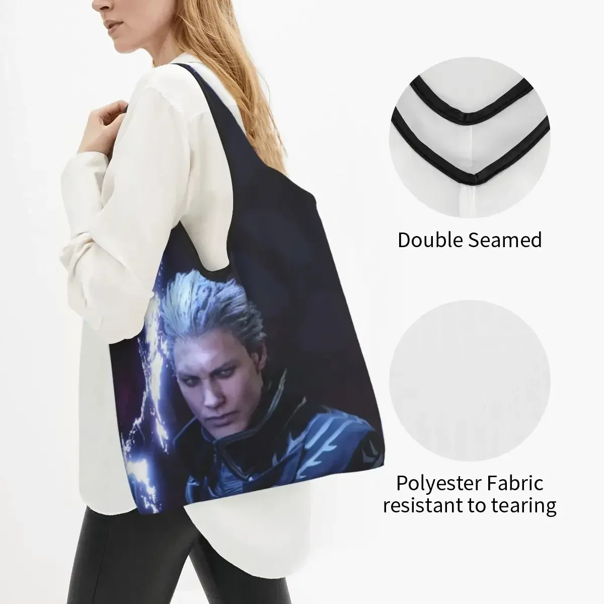 Vergil From The Devil May Cry Series Portable Tote Shopping Bags Foldable Shopper Bag Groceries Handbag Shoulder Bag