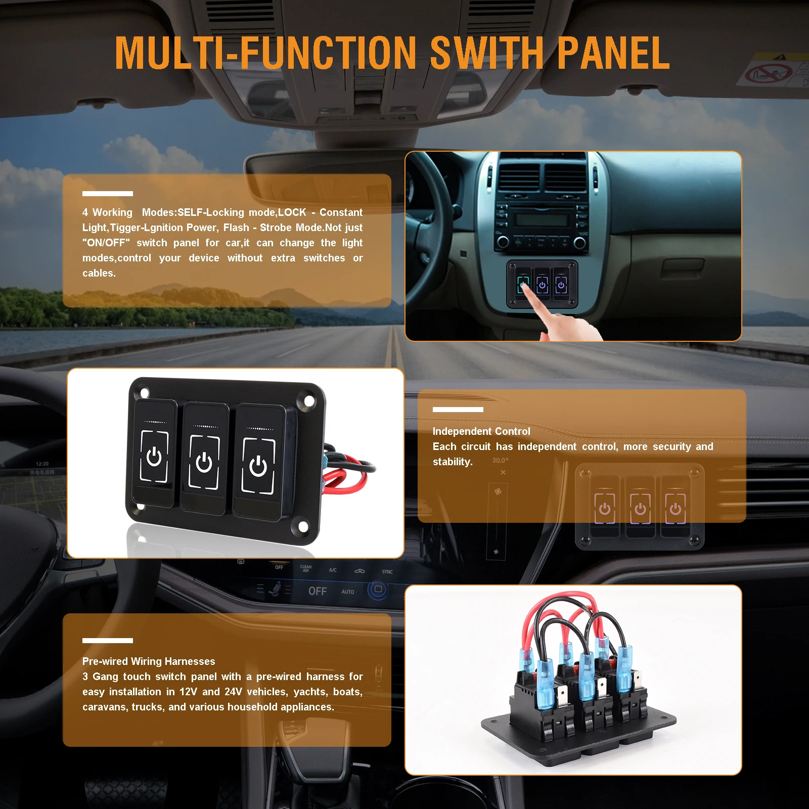 New 2-8 Gang Switch Panel  Adjust LED Circuit Control Relay System Box Slim Touch Control Panel for Boat Jeep UTV Caravan