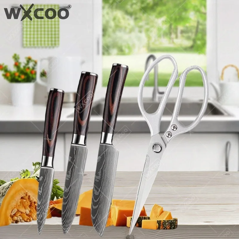 WXCOO Professionelles Küchenmesser-Set Langlebiges Japanisches Santoku-Messer Fleischbeil Hühnerknochen-Schere Leistungsstarkes Küchenmesser