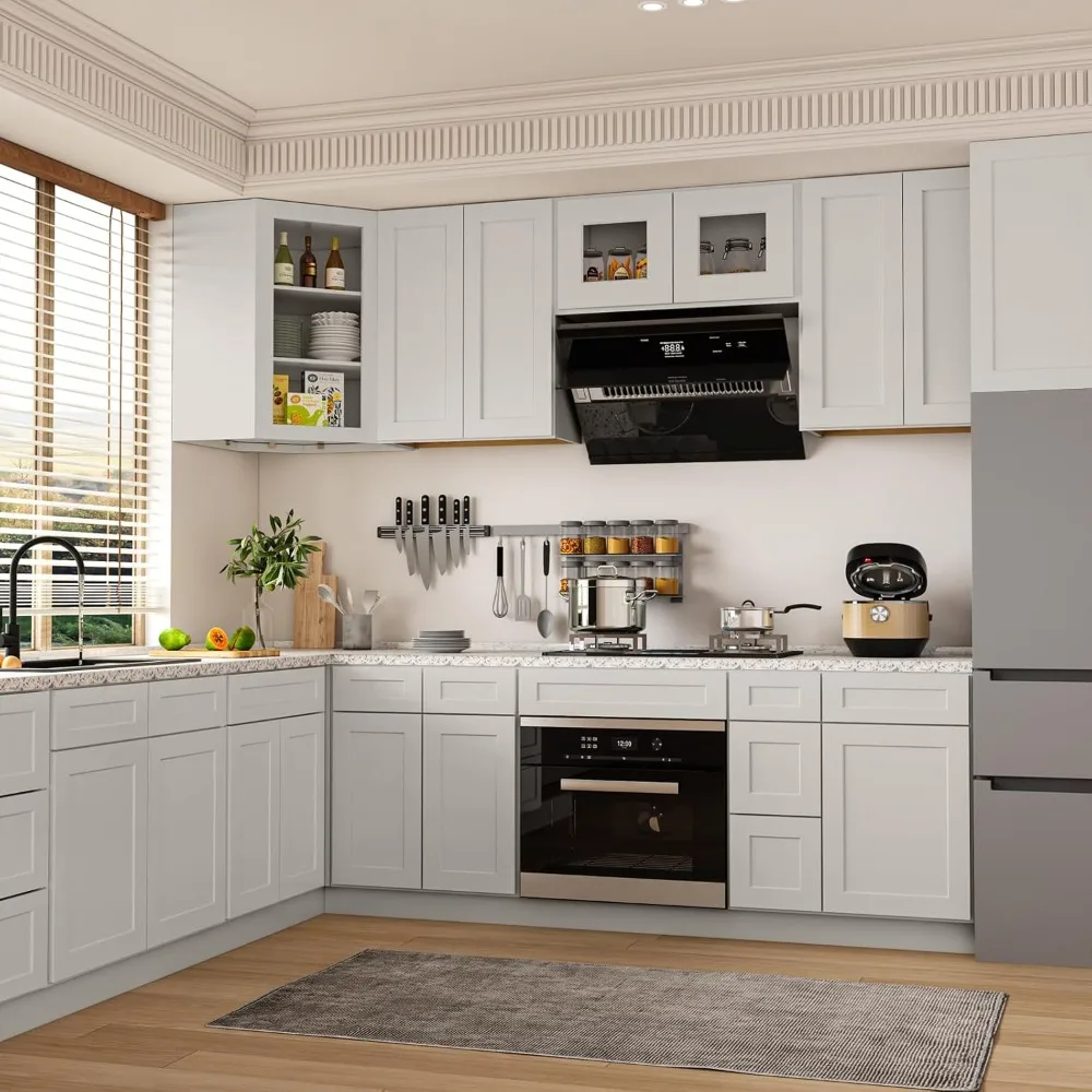 Gabinete base de cocina "33" gris claro: cajones de cierre suave y estante ajustable, almacenamiento aparador RTA"