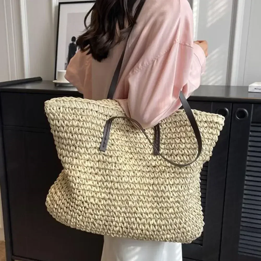 

CTB4 New Luxury Straw Woven Tote Bags Summer Casual Large Capacity Handbags Fashion Beach Women Shoulder Simple