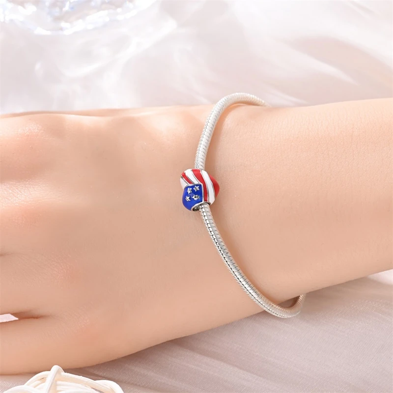 Original 925 Sterling Silver Charms Bead American Flag Independence Day Pendant Fit Original Bracelet For Women DIY Jewelry Gift view 6