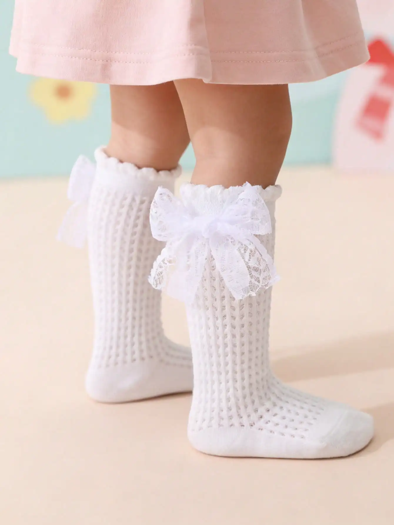 3 Pack Toddler Girls Hollow Mesh Calf Length Socks Satin Bow Frill Top Thin Breathable Kids Daily Holiday Dress Socks Fit 0-8Y
