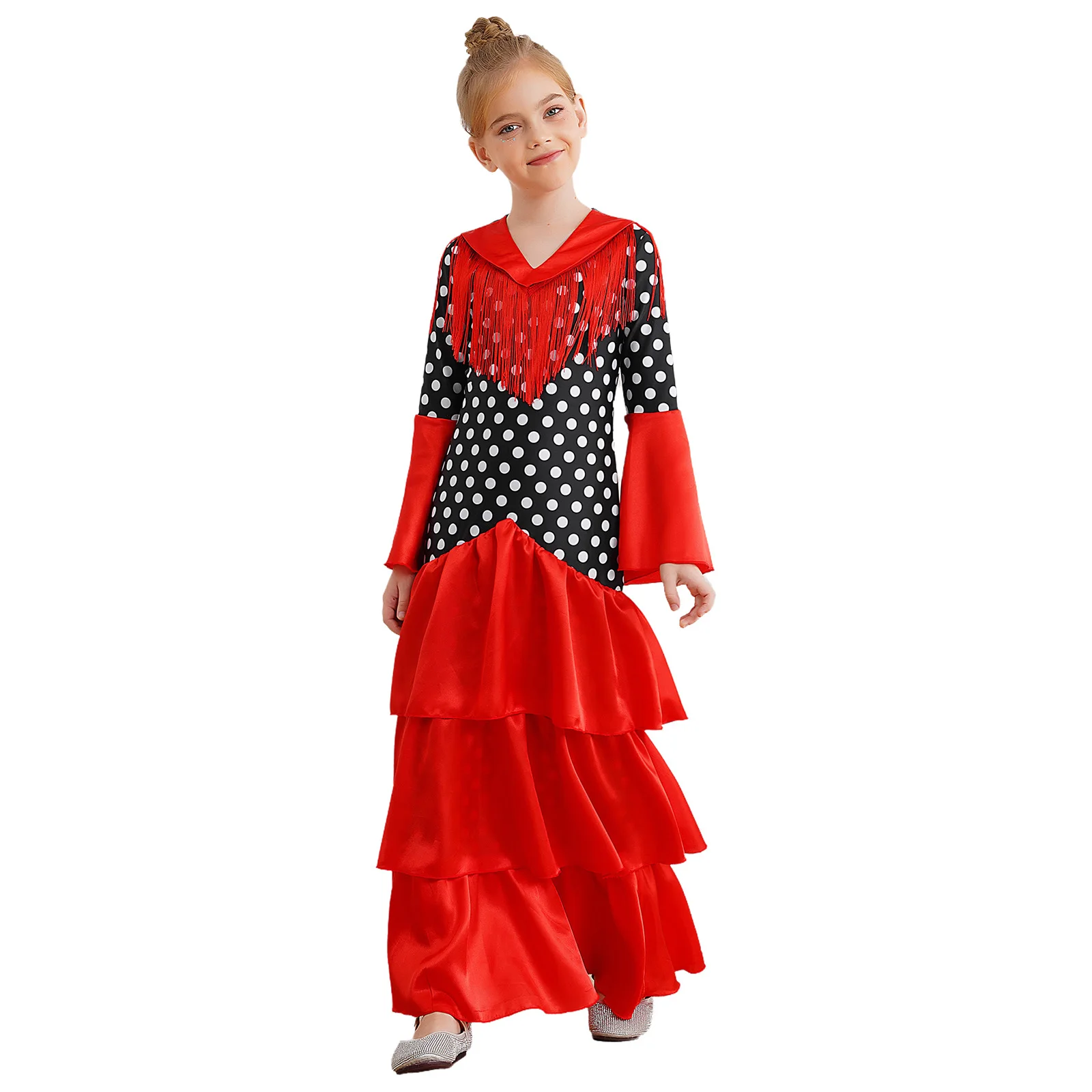 Meninas flamenco espanhol dança vestido de salão de baile touro latino dança palco desempenho traje manga queimada borla bolinhas vestidos