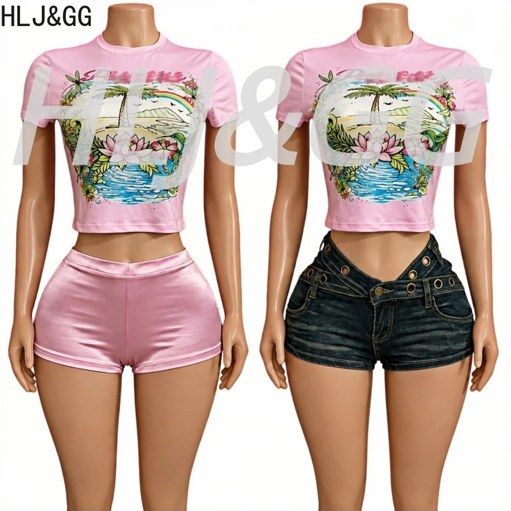 HLJ&GG Trend Y2K Letter Print Tshirts Two Piece Sets Women Round Neck Slim Crop Top And Denim Shorts Outfits Fashion Streetwear