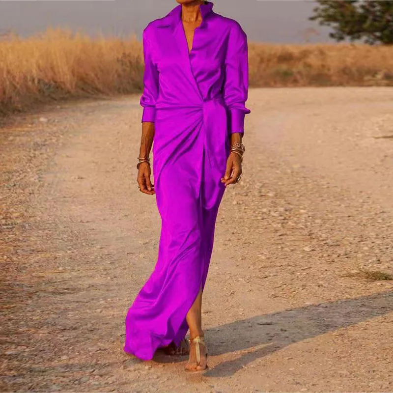 Elegant Fashion Spring Summer Streetwear Dress Women Lace-up High Waist Slit Dresses Sexy V Neck Long Sleeved Slim Dress Vestido