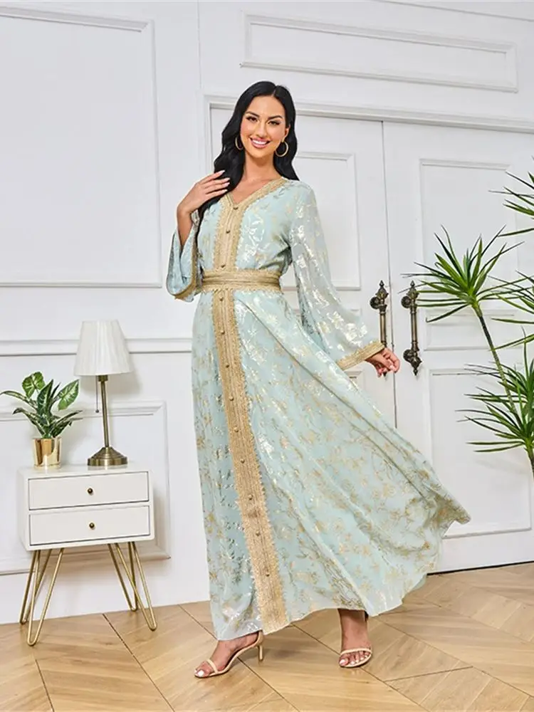 Arabic Caftan Formal Dress for Women Long Evening Dresses A Line Gold Lace Applique Elegant Party Gown