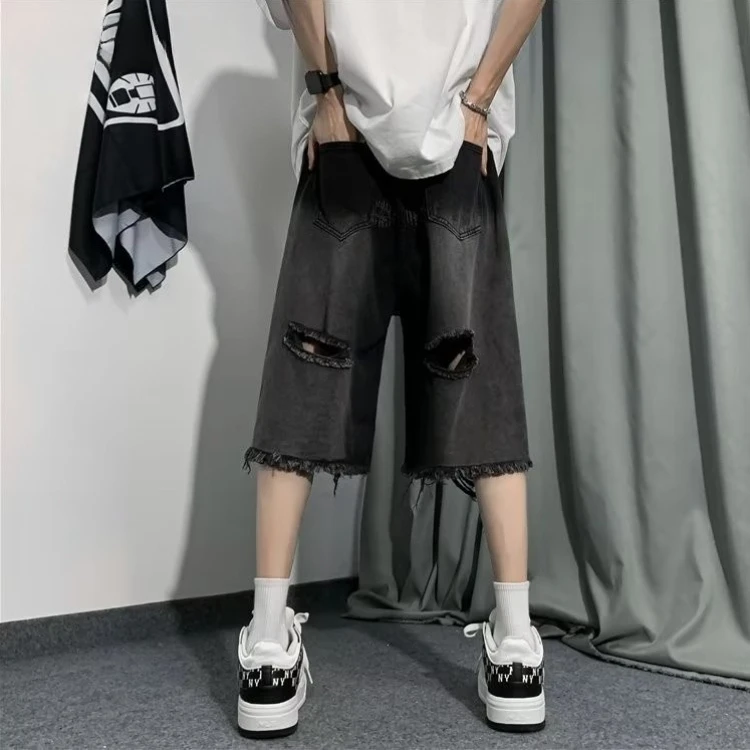 Distressed Denim Shorts for Men Summer Knee-Length Wide Leg American Retro High Street Urban Fashion Stylish Casual Outfit