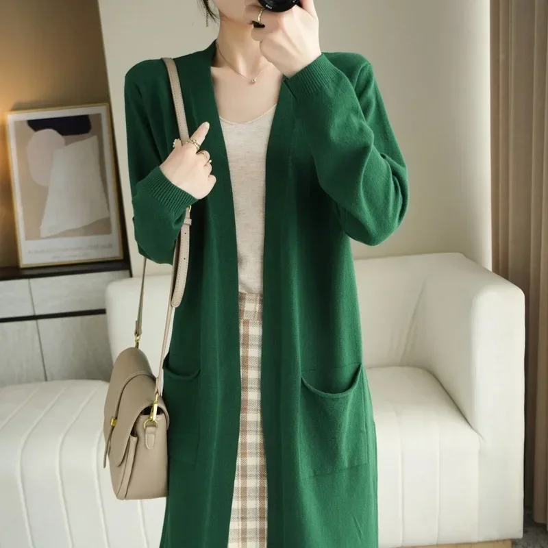 Sweaters Long Coats Women Knitted Solid Full Sleeve Pockets Thick Mid Length Cardigan Splice Loose Open Stitch Autumn Winter