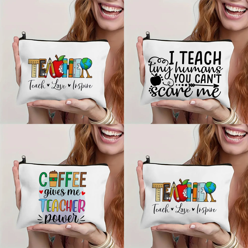 Coffee Give Me Teacher Power Women Linen Cosmetic Bag Makeup Pouch Handbag Lipstick Organizer Teacher\'s Day Best Gifts Pen Bag