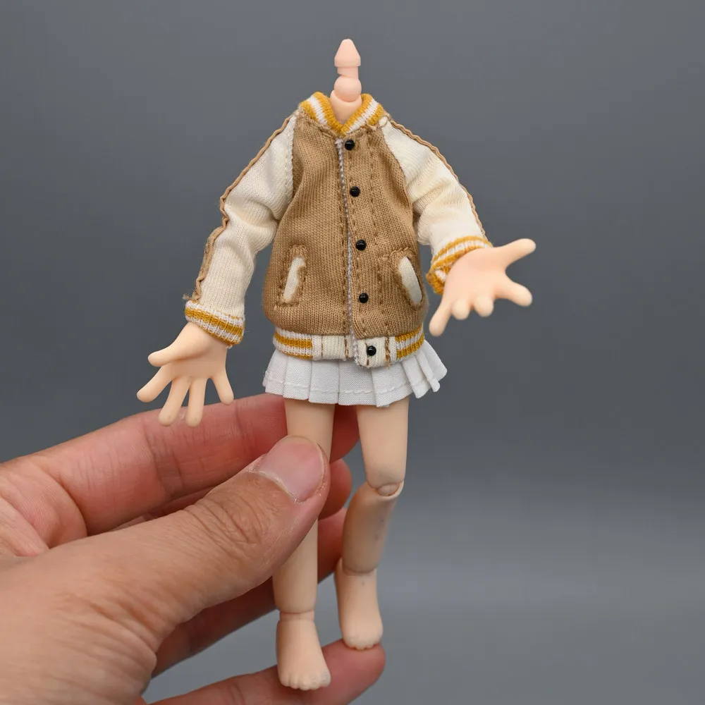 1/12 Scale Women's Sexy Pleated Mini Skirt with Yellow Basaball Coat Jacket Set Models for 6''Body DIY Accessories