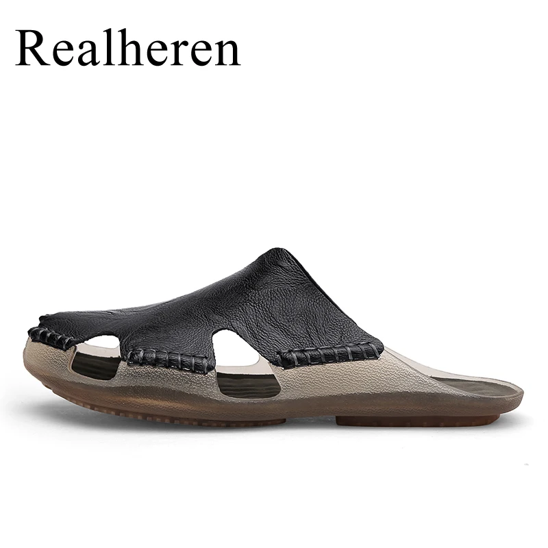 Men Leather Flat Slides Slippers Outdoor Indoor Home House Slip On Sandals Summer Shoes Big Size 47 48