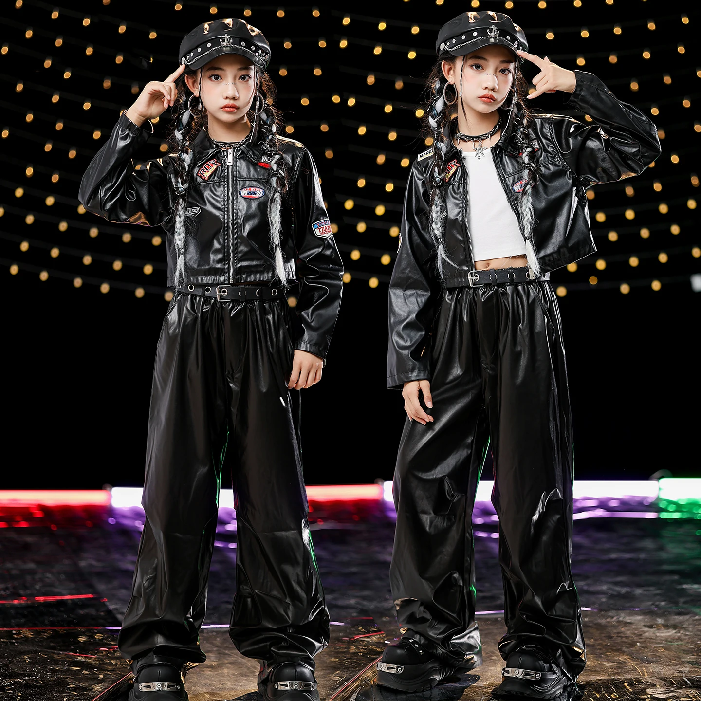 2025 kinder Hip Hop Dance Kostüme Für Mädchen Schwarz Crop Tops Leder Hosen Anzug Straße Dancewear Jazz Dance Kleidung DQS 20893