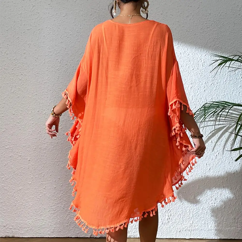 Fringed Bikini Cover Up Comfortable Loose Fit Blouse Stylish Fringed Beach Cover Up Dress for Women O-neck Half Sleeve Swimsuit