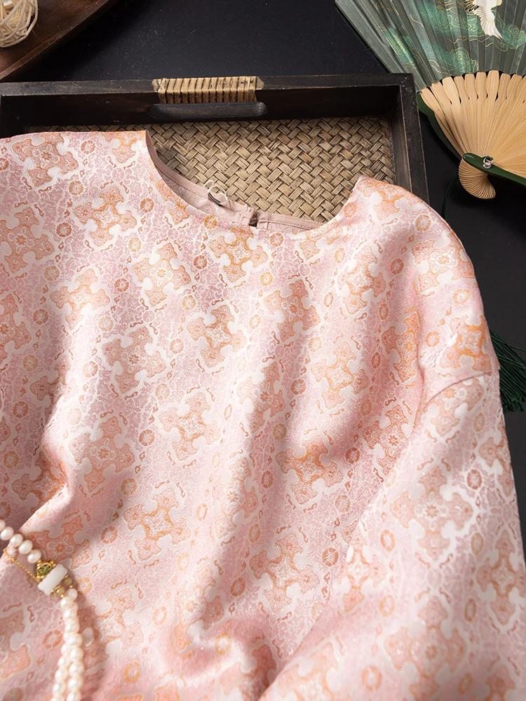 2025 Women's Early Autumn New 100% Natural Mulberry Silk Song Brocade Pink Four in One Pattern Round Neck Long Sleeve T-shirt