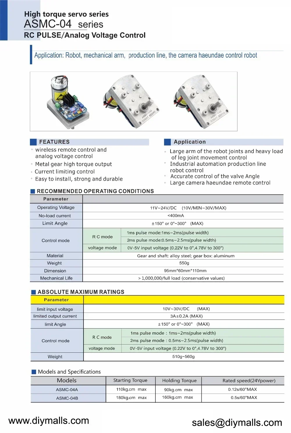 High Torque Servo ASMC-05A 110kg.cm / ASMC-05B 180kg.cm Roboterservo Ersetzt ASMC-04A ASMC-04AB / Armplatte / PCB-Controller