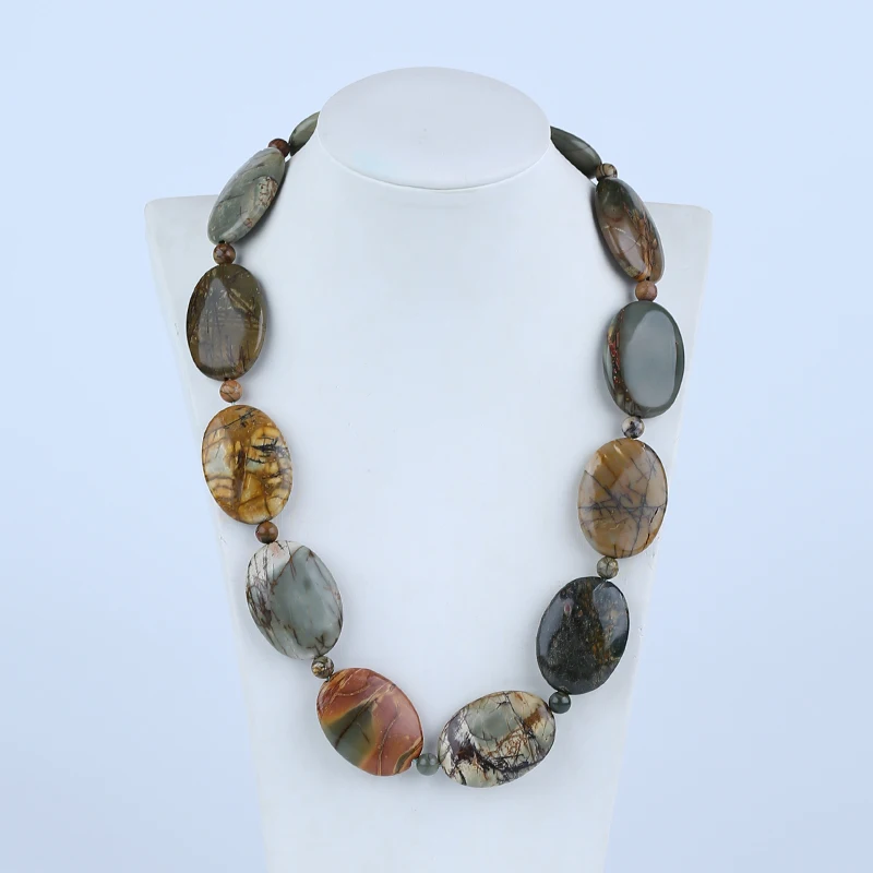 Fashion Jewelry Natural Stone Multi-Color Picasso Jasper Necklace Accessories 35x25x8mm 6mm 50cm 150g