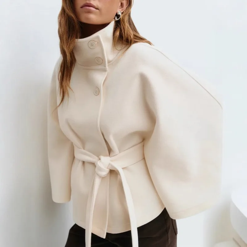 2026 Casual Women's Clothing Autumn Winter New Fashion Solid Color Cloak Stand Collar Button Belt Windbreaker Jacket Women Coat
