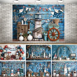 Summer Nautical Photography Background Underwater Pirate Wood Board Sailboat Rudder Boy Kids Birthday Party Decor Photo Backdrop