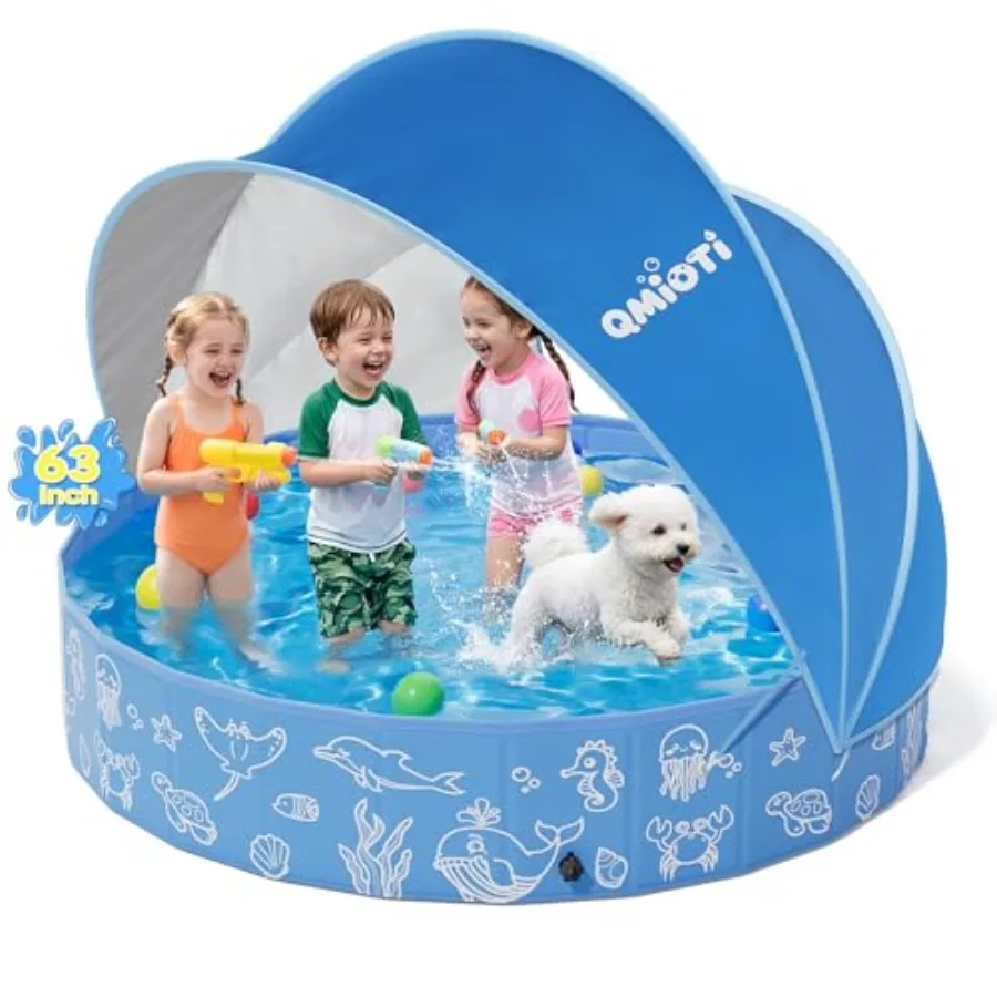

63in Kiddie Pool with Canopy Foldable Pool with Detachable UPF 50+ Sunshade Portable Non-Slip Swimming Pool Dog Pool for Backya