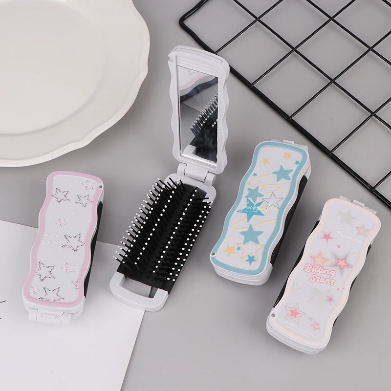 

Mini Anti-Static Hair Brush Folding Massage Comb Head Massage Portable Travel Hair Brush Girl Hair Combs With Mirror